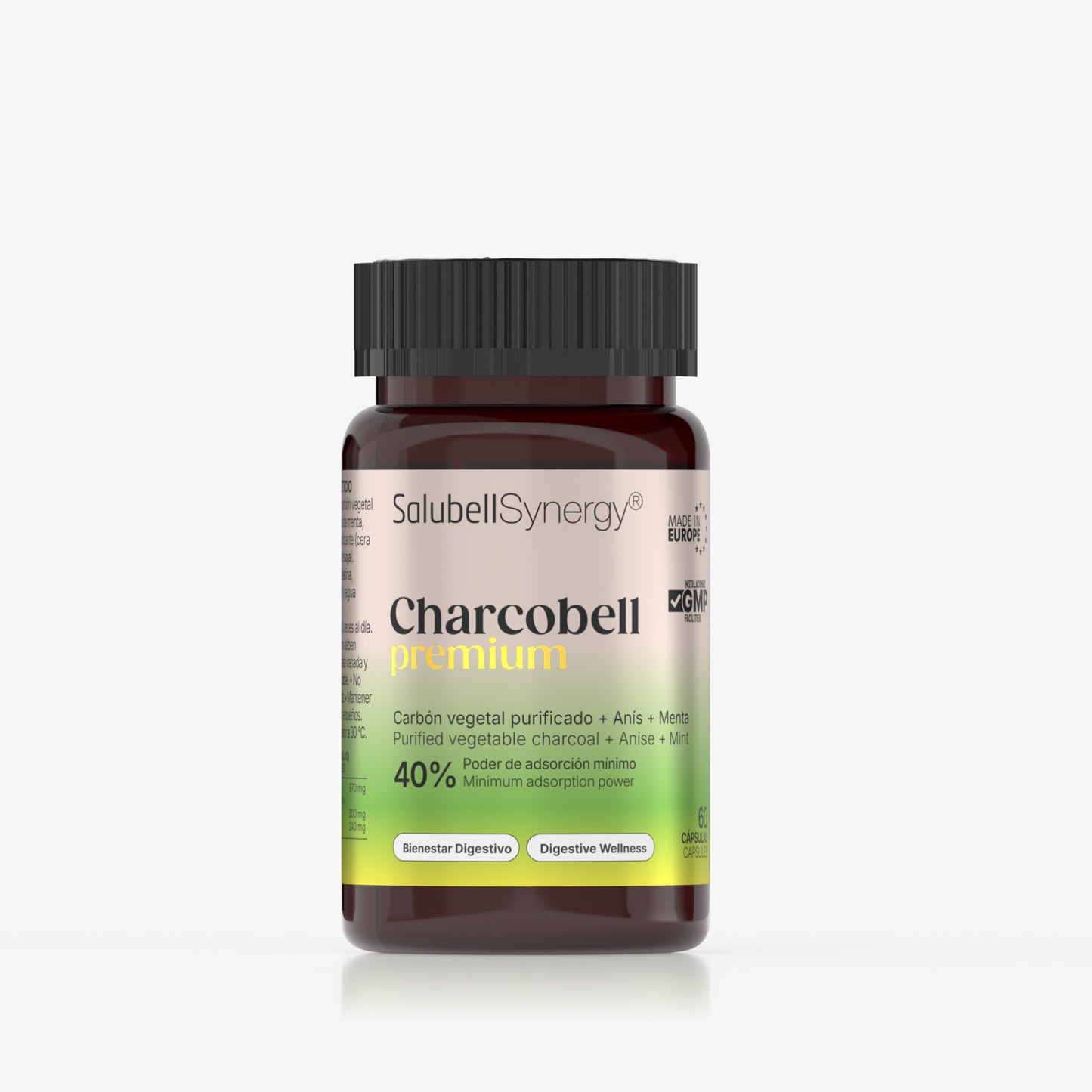 Charcobell Premium Salubell Synergy, carbón vegetal purificado con anís y menta, 40% poder de adsorción, 60 cápsulas