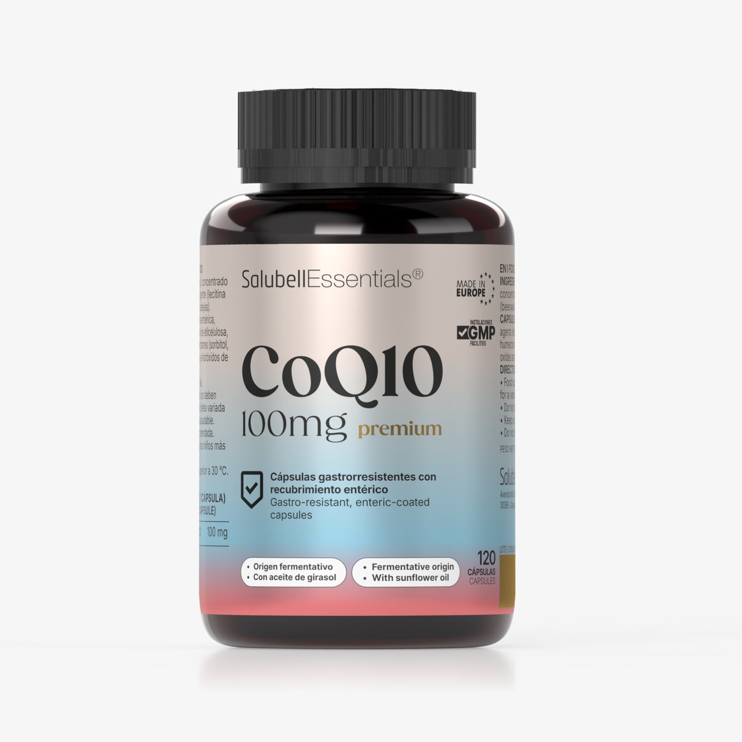 Coenzima Q10 100mg Premium Salubell Essentials, cápsulas gastrorresistentes de origen fermentativo, 120 cápsulas