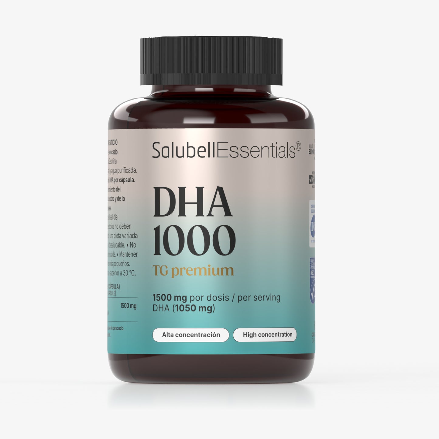 DHA 1000 TG Premium Salubell Essentials, 1050 mg de DHA por dosis, alta concentración, certificado MSC de pesca sostenible