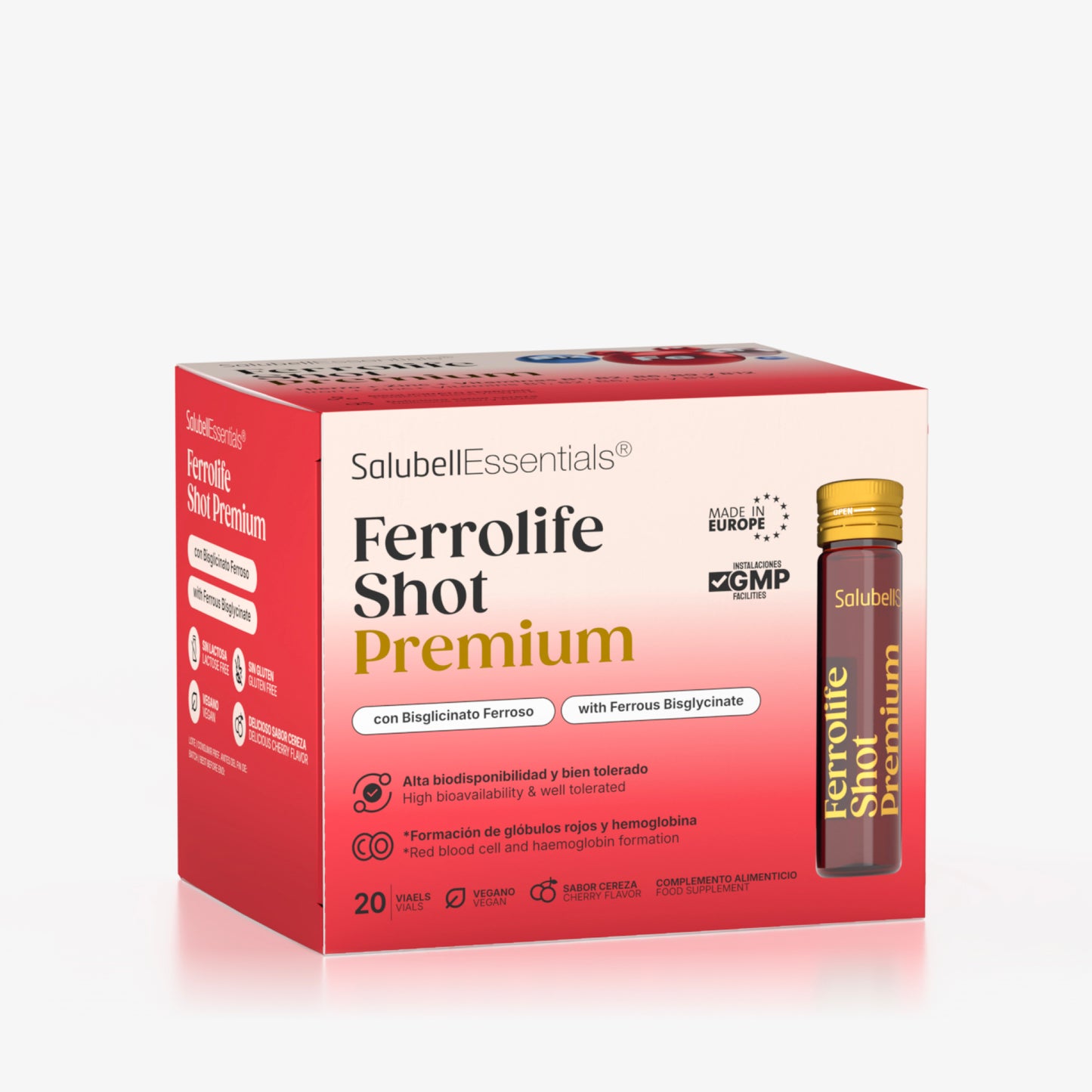 Ferrolife Shot Premium Salubell Essentials con Bisglicinato Ferroso, 20 viales sabor cereza, vegano, sin gluten y sin lactosa