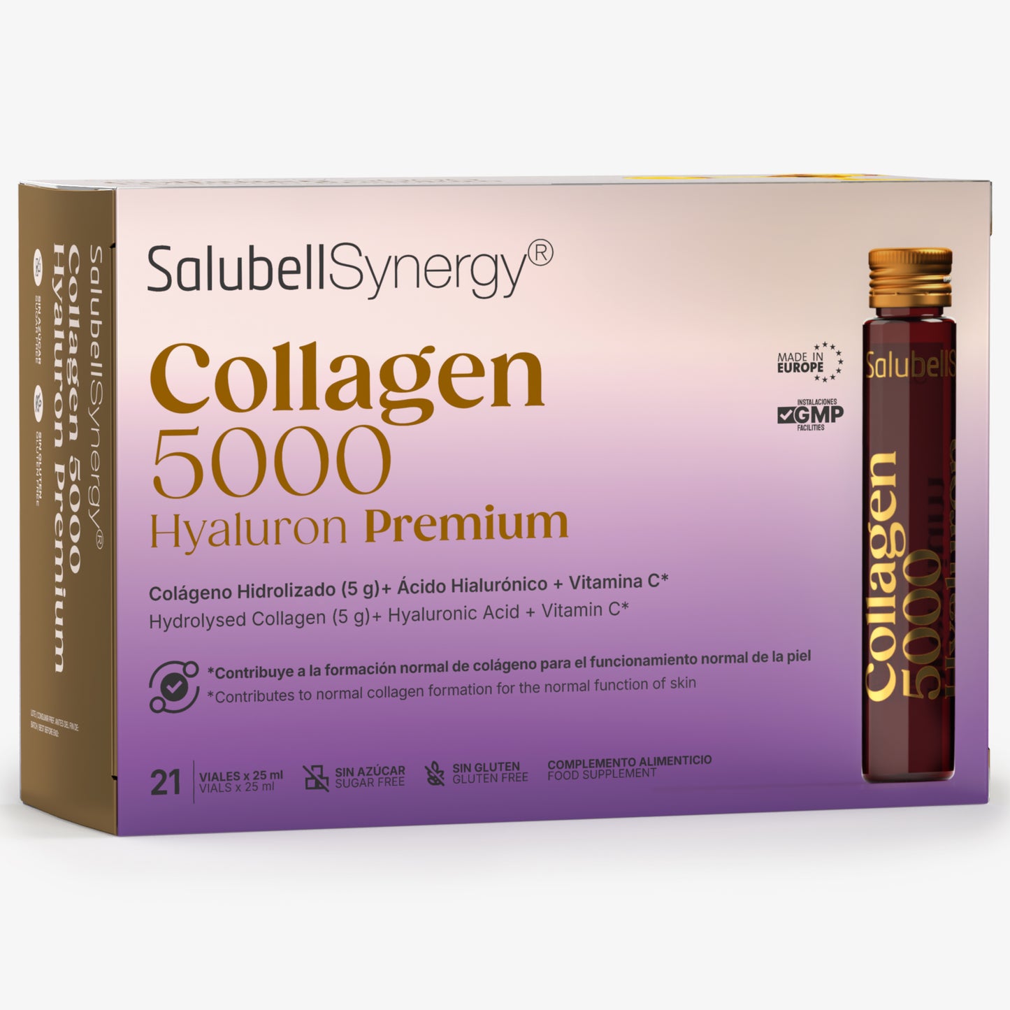 Collagen 5000 Hyaluron Premium Salubell Synergy, 21 viales de 25 ml con colágeno hidrolizado y ácido hialurónico