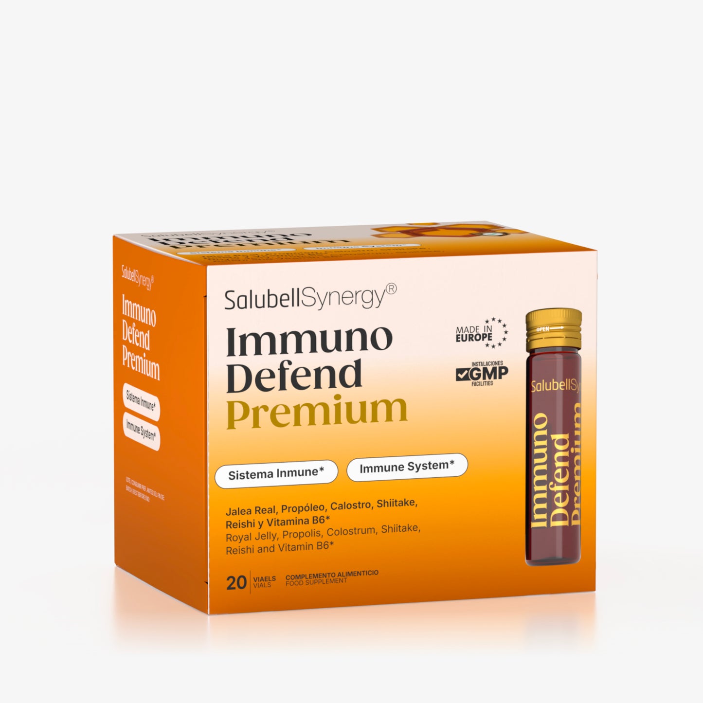 Immuno Defend Premium Salubell Synergy, 20 viales con jalea real, propóleo, calostro, shiitake y reishi
