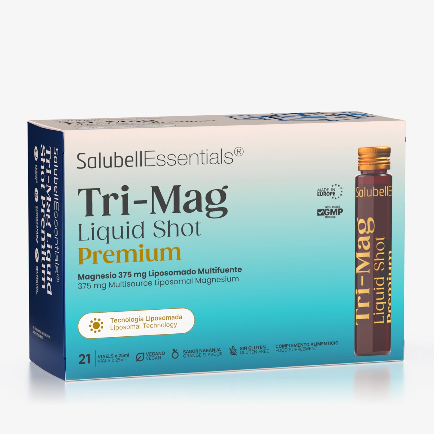 Tri-Mag Liquid Shot Premium Salubell Essentials, magnesio 375 mg liposomado multifuente, 21 viales sabor naranja, vegano y sin gluten