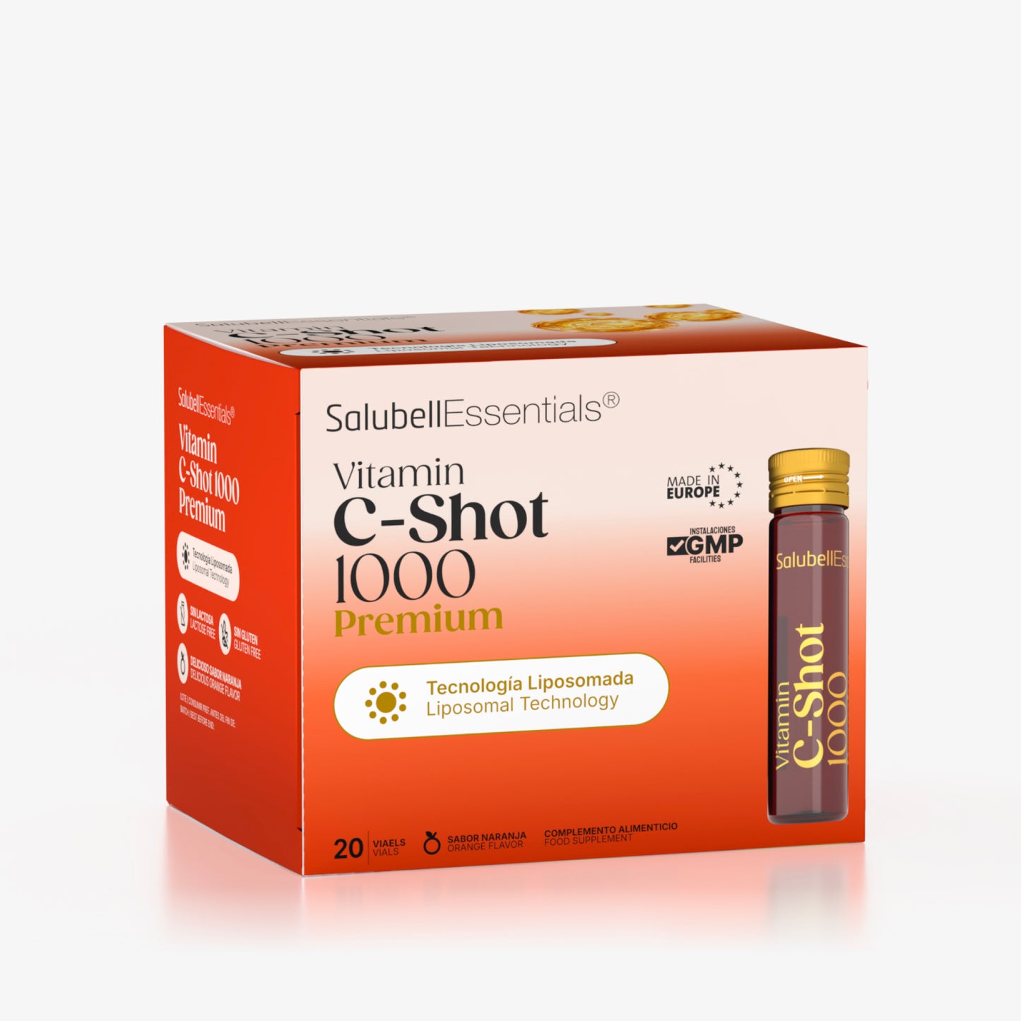 Vitamin C-Shot 1000 Premium Salubell Essentials, tecnología liposomada, 20 viales sabor naranja, sin gluten y sin lactosa
